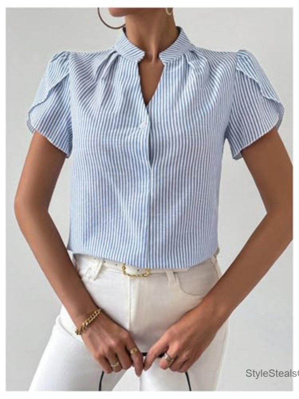 Striped V-Neck Blouse Short Sleeve Office Work Shirt Regular Fit - Picture 4 of 5
